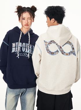 BIPOLAR浅蓝民族风编织感贴布连帽卫衣百搭宽松国潮上衣男女新款