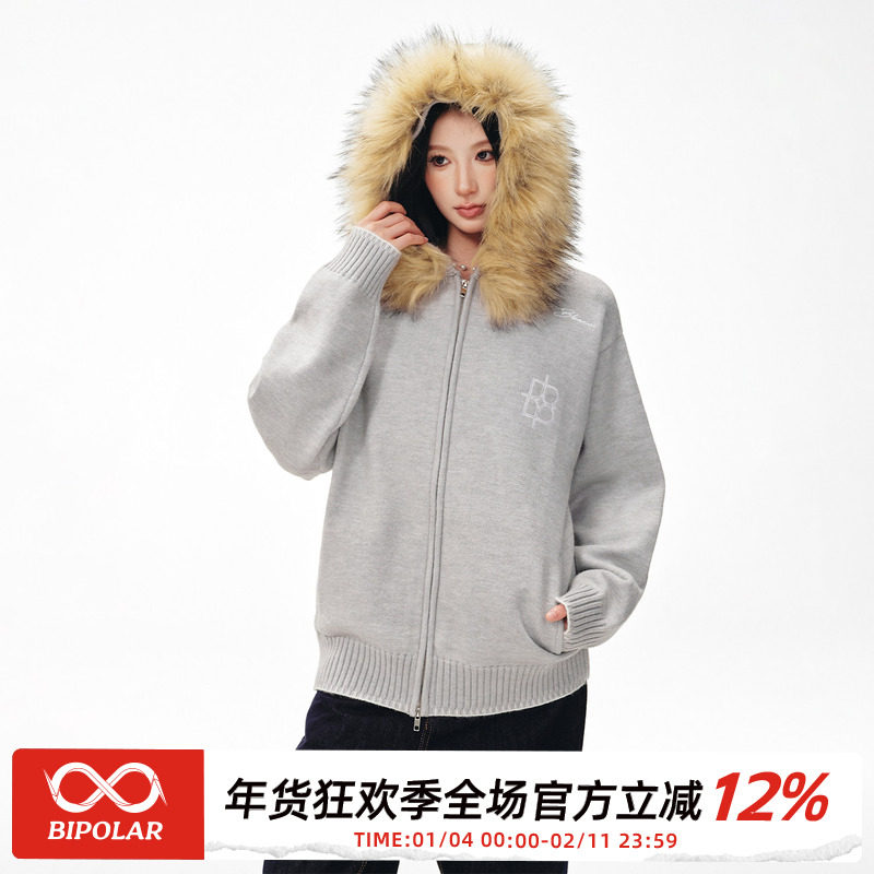 BIPOLAR毛领连帽开衫毛衣外套男女秋冬季美式情侣款刺绣针织上衣,男装,针织衫/毛衣,淘宝优惠券,粉丝福利购,淘宝优惠卷