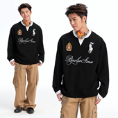 休闲宽松设计感上衣春秋新款 BIPOLAR假两件亨利领绣花长袖 T恤美式