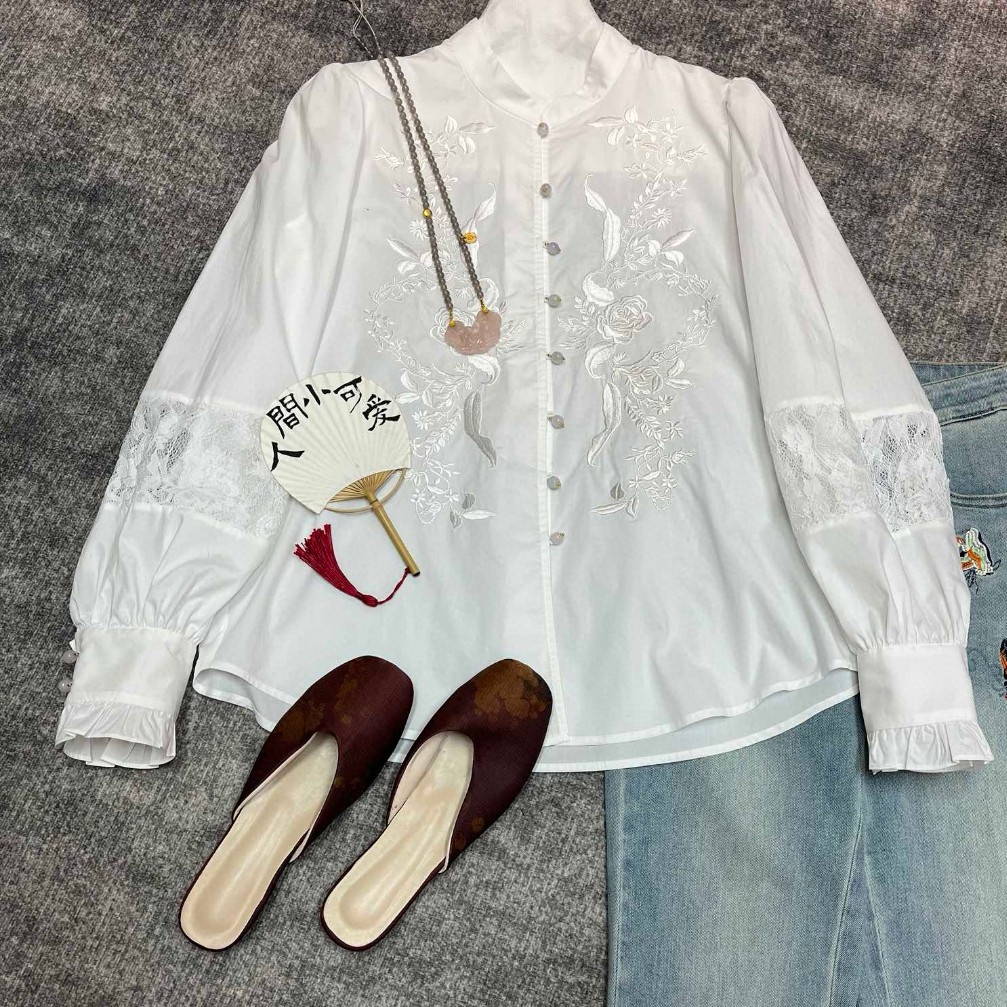 南油精品白色衬衫内搭2025早春新款精致立体刺绣轻国风唐装上衣