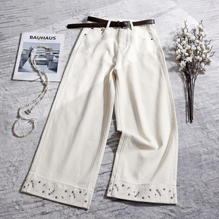 米白腰果花刺绣九分阔腿牛仔裤秋季新款25南油欧货  活性环保洗水