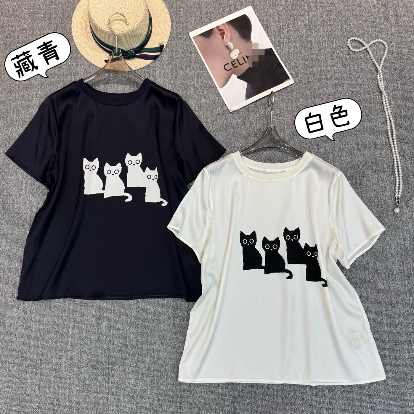 桑蚕丝短袖t恤女爆款夏季时尚宽松宽松显瘦猫咪印花设计感上衣女