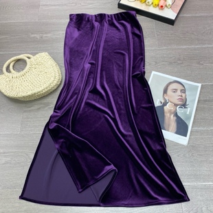 高挑曲线感 气质显瘦高腰丝绒长款半身裙 侧开叉优雅气质松紧腰