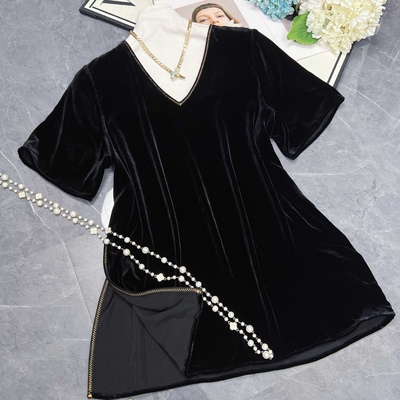 活性加密真丝丝绒短袖宽松t恤垂坠显瘦 侧开叉百搭简约女上衣新款