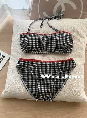 复古格纹比基尼泳衣女显瘦小众设计海边度假风温泉时尚沙滩泳装