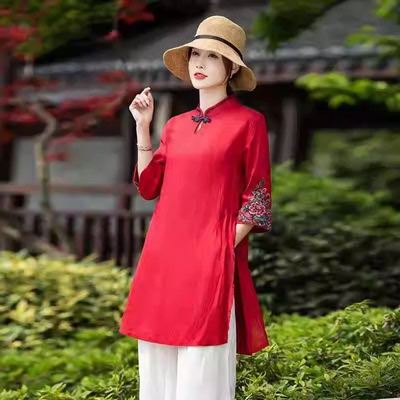 太极服新文艺复古中国风中长款上衣女装刺绣棉麻盘扣五分袖夏季