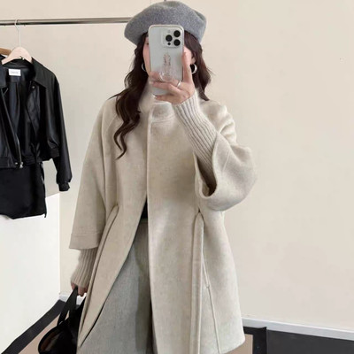 2026冬装新款立领插肩袖收浴袍款羊绒大衣女宽松双面羊毛系带外套