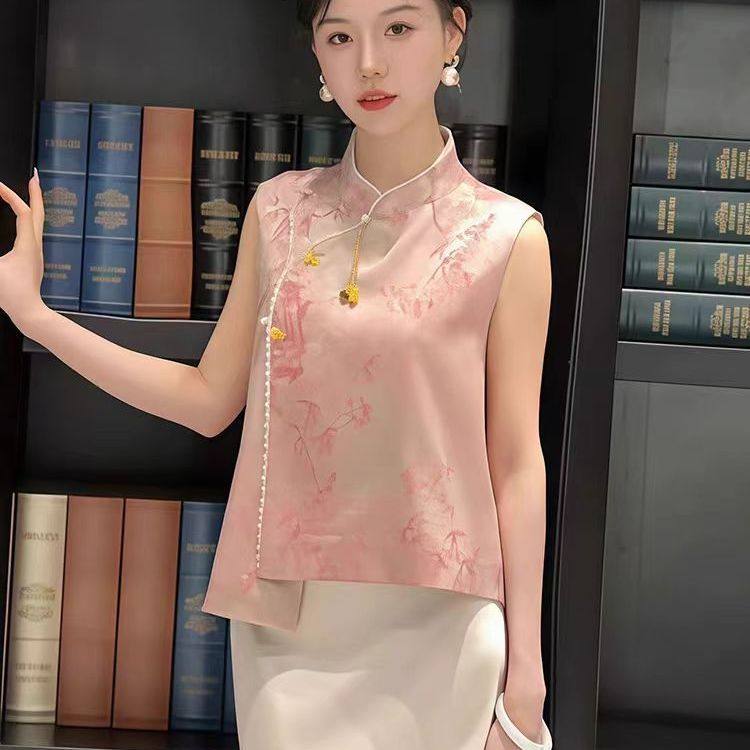 无袖马甲新中式国风夏季薄款缎面提花重工穿珠时尚百搭马夹坎肩