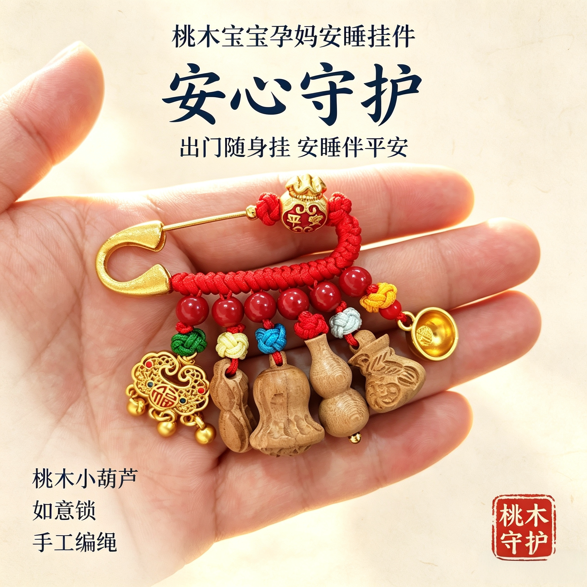 桃木婴童压惊平安胸针