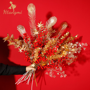 仿真红色冬青果年宵花插件金色尤加利银杏叶福桶装饰材料花艺辅材