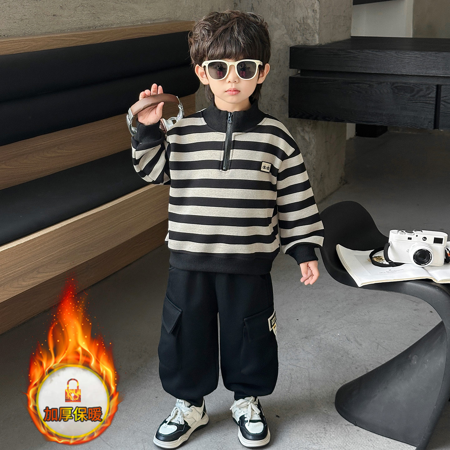 男童加绒套装2025秋冬新款韩版儿童宝宝休闲条纹卫衣工装裤两件套