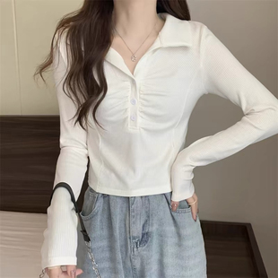 白色polo领长袖 辣妹上衣女秋季 短款 设计感小众修身 t恤 显瘦打底衫