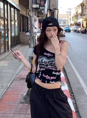 美式露肩复古假两件斜肩短袖
