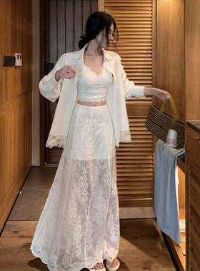 白色镂空蕾丝拼接长袖衬衫女春夏宽松中长款休闲叠穿防晒衬衣外套