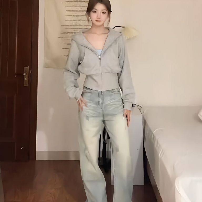 美式复古连帽卫衣长袖外套女春季新款慵懒风收腰显瘦短款开衫上衣