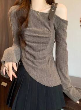 设计感纯欲辣妹风褶皱露肩长袖