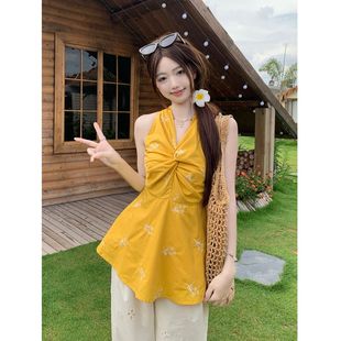 掛脖吊帶背心女夏季 設(shè)計感扭結(jié)純色無袖 海邊收腰獨特氣質(zhì)外穿上衣