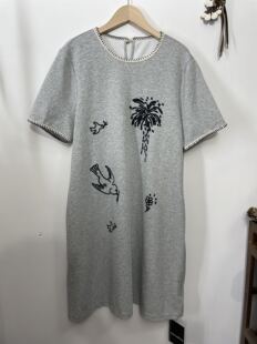 欧版新款圆领短袖重工刺绣宽松大版连衣裙长T裙可做孕妇裙