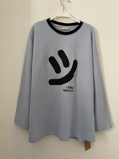 2024秋季新款超大款笑脸蓝色长袖T恤女宽松圆领打底衫 女装