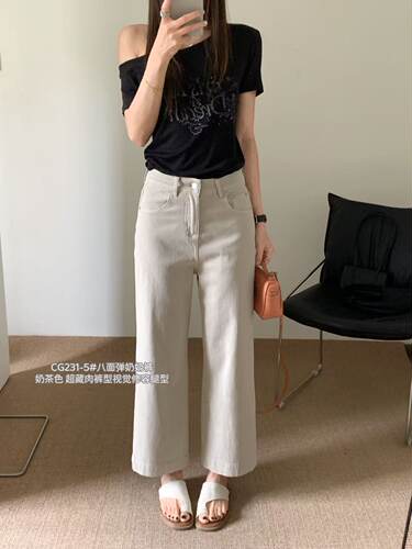 CG231薄料八分牛仔裤八面弹力直筒奶奶裤百搭显瘦小个子奶茶GTUY