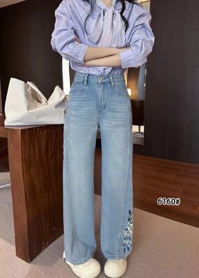 6160春款重工刺绣烫钻弯刀裤女高腰显瘦拖地加长高个子牛仔裤神话