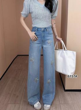6157春款欧货烫钻小鸟重工直筒裤浅色高腰弹力潮牛仔裤女神话飞舞