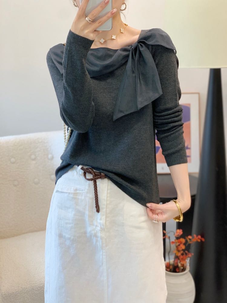 8687蝴蝶结针织衫2026秋款修身显瘦弹力外穿毛衣气质女人味内搭衫