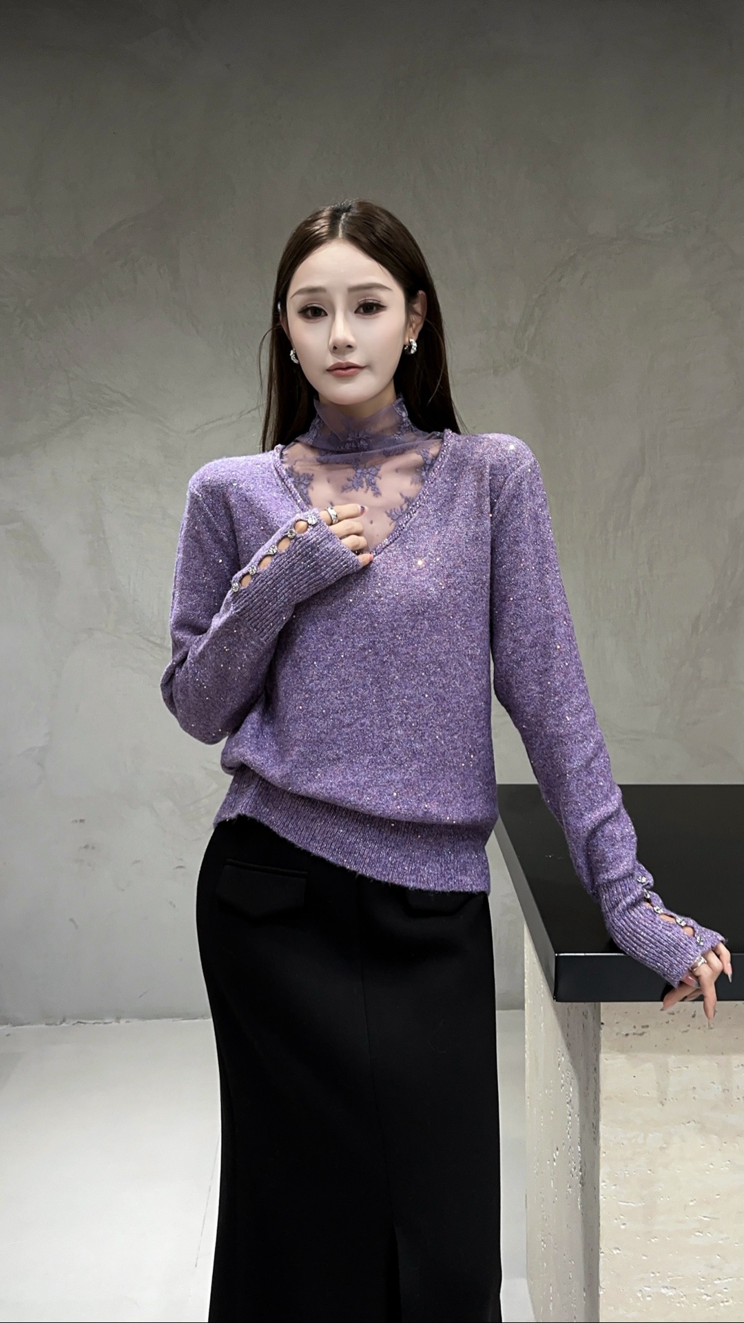 6275冬款V领蕾丝堆堆领拼接亮片针织衫女宽松显瘦打底衫毛衣上衣