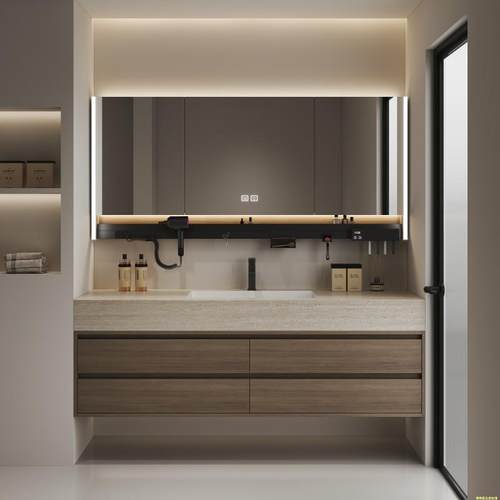 现代简约岩板陶瓷无缝一体洗手洗脸盆浴室柜组合卫生间洗漱台定制