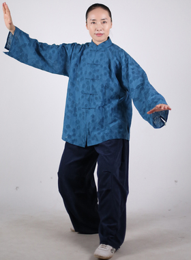 马蕾太极春秋透气时尚休闲太极服蓝色男女同款棉麻传统表演服蓝韵