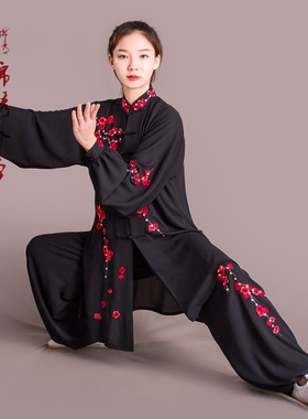 马蕾太极服春武术表演练习服竞赛练功服春刺绣女丝麻定制梅花黑色