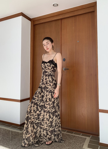 现货大头花同款ALL IN正品法式复蕾丝印花碎花裙显瘦气质吊带长裙