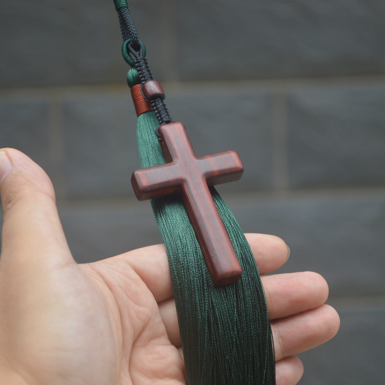 汽车挂件十字架流苏饰品车载红黑檀木JDJ礼品刻字车内男女致