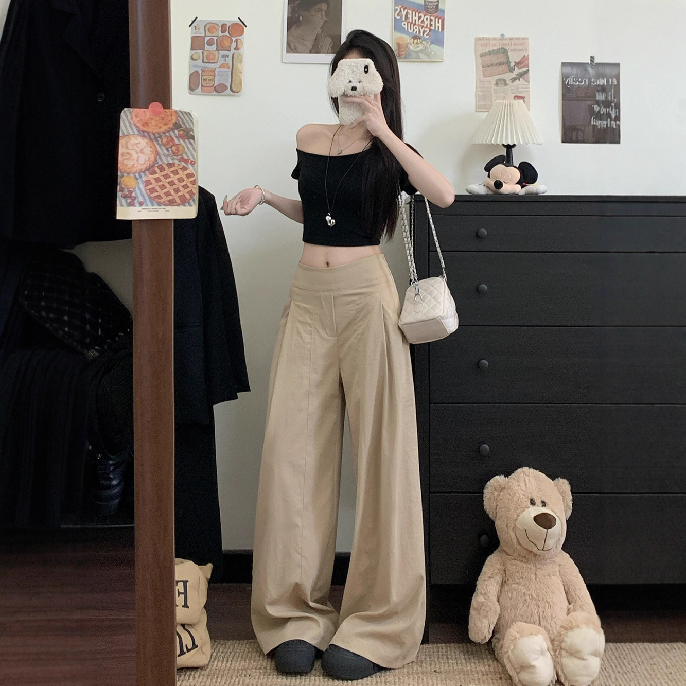 设计感侧拉链高腰阔腿裤女秋季2025新款百搭垂感纯色宽松休闲