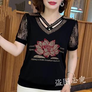 韩版 妈妈装 烫钻显瘦小衫 蕾丝袖 T恤 2025夏季 设计百搭洋气短袖 新款