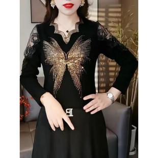 新款 女显瘦气质妈妈装 时尚 V领小衫 上衣 烫钻蝴蝶蕾丝长袖 2025秋季
