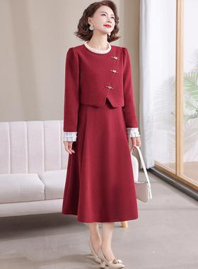 中老年妈妈国风春秋季新款收腰高级红色中式气质香风假两件连衣裙