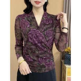 烫钻印花肌肤纱时尚 2025秋季 长袖 妈妈装 气质显瘦交叉V领上衣 新款