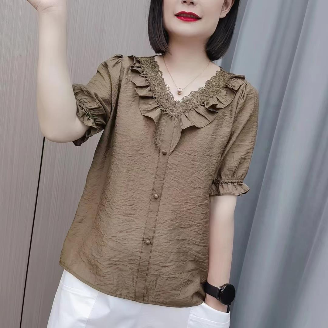 中年女短袖天丝棉V领衬衫夏装新款休闲上衣妈妈装遮肚显瘦t恤