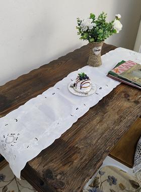 F319 白色手绣亚麻长桌旗130x27cm