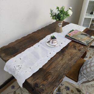 F319 白色手绣亚麻长桌旗130x27cm