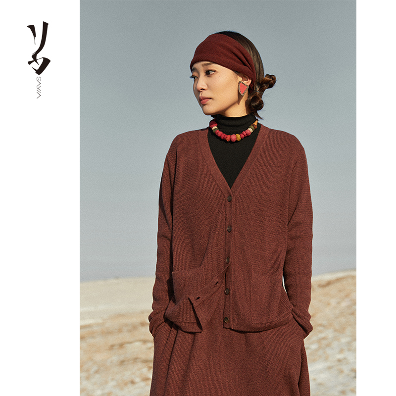 SayYa羊绒系扣V领羊绒开衫