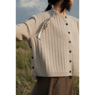 复古坑条羊绒开衫 Say 岁月故事 幻 两侧系扣