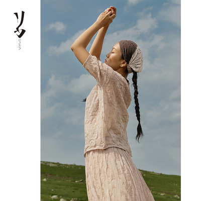 精纺羊绒镂空提花T恤休闲五分袖