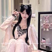 Miubby「甜嗲韩女」秋冬纯欲甜美家居服蕾丝拼接海岛绒睡衣三件套