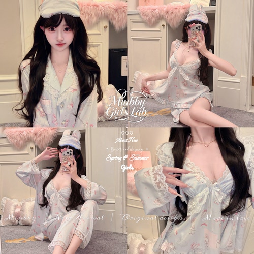Miubby「星糖奶兔」甜美可爱印花蕾丝花边冰丝睡衣四件套2026秋季