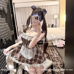 Miubby「小熊松饼」日系纯欲蕾丝花边格纹女仆围裙软萌家居服套装