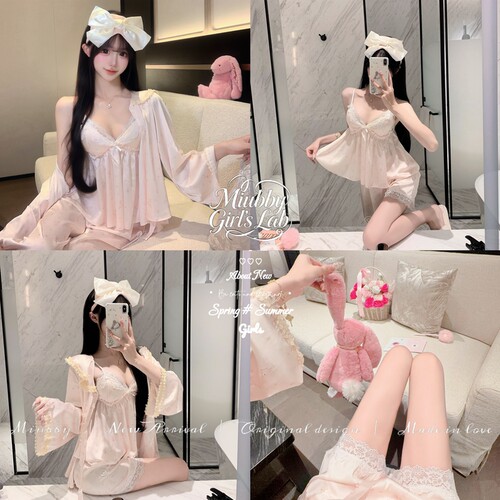 Miubby「桃桃软兔」纯欲少女蕾丝春秋甜美长袖吊带冰丝睡衣四件套