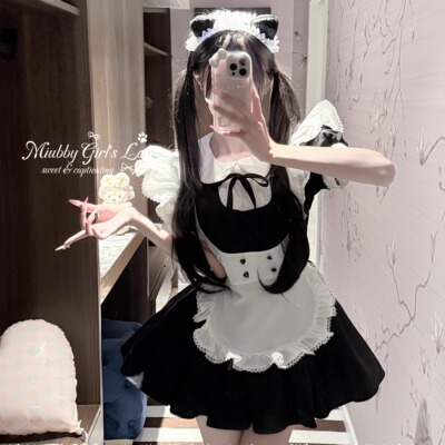 Miubby「喵仆契约」日系黑白爱心扣飞袖狗短女仆装Lolita连衣裙