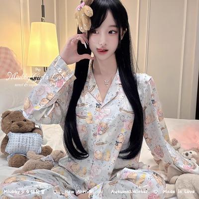Miubby「小熊泡泡梦」纯欲甜美少女印花冰雪丝长袖长裤春秋家居服